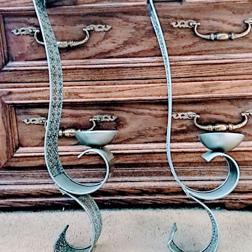 Pair of Decorative Silver Candle Holders Wall Decor 23.5"-23.75"